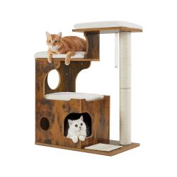 Arbre &agrave; chat vintage avec 3 plateformes et 1 grotte 66 x 40 x 86 cm style douillet en MDF marron ru