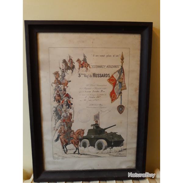 Cadre militaire sous verre 3 eme regiment de hussards collection