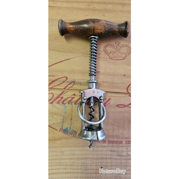 Ancien tire-bouchon allemand type Columbus � cage fendue, ressort, manche bois, poin�on B&A