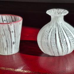 Lot Mini vase et Petit pot en verre souffl&eacute; filigran&eacute; et torsad&eacute; de Murano