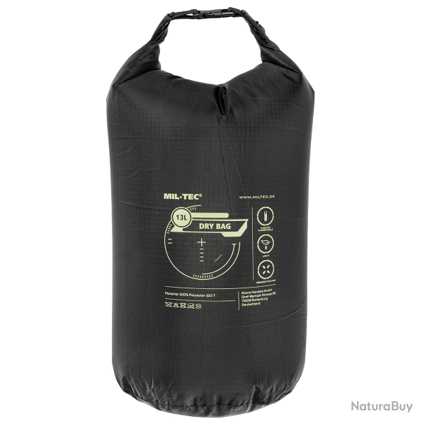 Sac �tanche Mil-Tec Dry Bag 13L polyester 210T enduit PU 60 g colonne d'eau 5 000 mm Noir