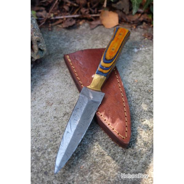 Couteau Dague Scottish Dirk Lame Acier Damas 256 Couches Manche Bois Tigre Etui Cuir Fab Artisanale