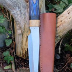 Poignard Puukko Couteau Lame Acier Carbone 1055 Clip Point Manche Bleu Nuit Fab Artisanale Etui Cuir
