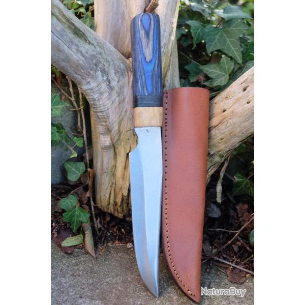 Poignard Puukko Couteau Lame Acier Carbone 1055 Clip Point Manche Bleu Nuit Fab Artisanale Etui Cuir