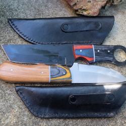 LOT DE 2 Couteau Tactical Urbain Lame Acier Carbone 1055 Manche Bois Etui Cuir Fab Artisanale