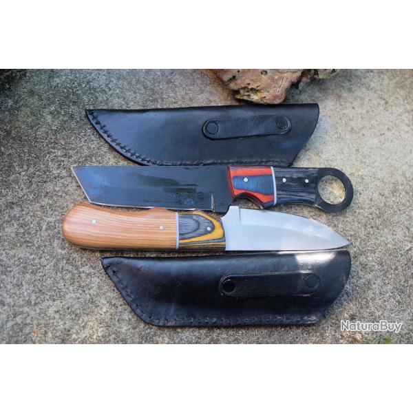 LOT DE 2 Couteau Tactical Urbain Lame Acier Carbone 1055 Manche Bois Etui Cuir Fab Artisanale
