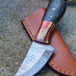 Couteau Skinner Lame Acier Damas 256 Couches Manche 2 Bois Etui Cuir Fabr Artisanale