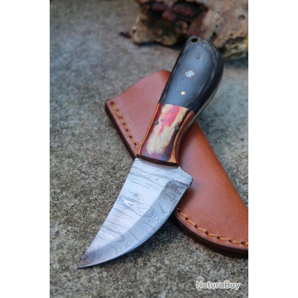 Couteau Skinner Lame Acier Damas 256 Couches Manche 2 Bois Etui Cuir Fabr Artisanale