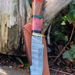 Couteau Poignard Lame Acier Damas 256 Couches Manche Os/Bois Garde Laiton Etui Cuir Fabr ArtisanaleC
