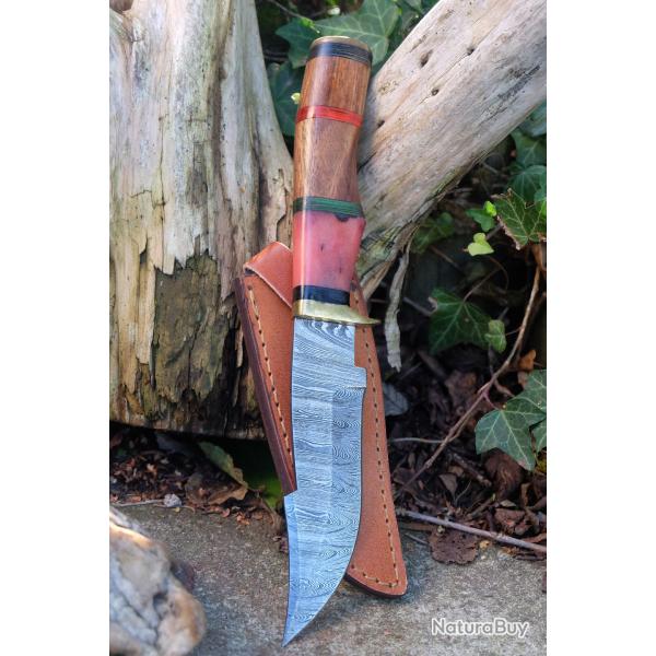 Couteau Poignard Lame Acier Damas 256 Couches Manche Os/Bois Garde Laiton Etui Cuir Fabr ArtisanaleC