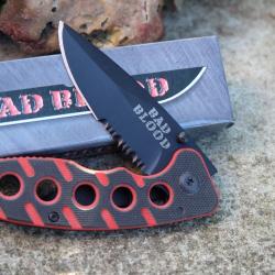 Couteau Bad Blood Framelock Lame Acier Inox Noir Semi-Crant&eacute;e Manche G10 Noir Rouge Alum