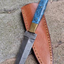Couteau Dague Scottish Dirk Lame Acier Damas 256 Couches Manche R&eacute;sine Turquoise Etui Cuir Artisanat