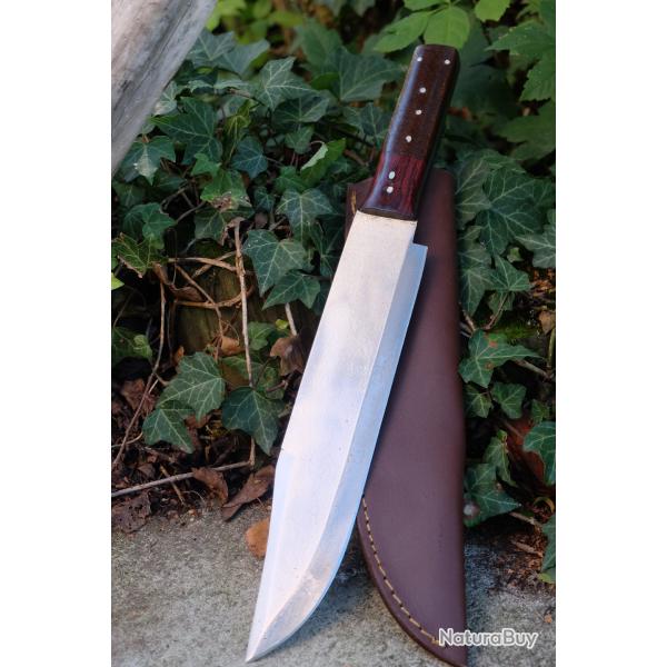 GROS Couteau Bowie Crocodile Dundee Machette Lame Clip Point Acier 3Cr13 Manche Bois Etui Cuir