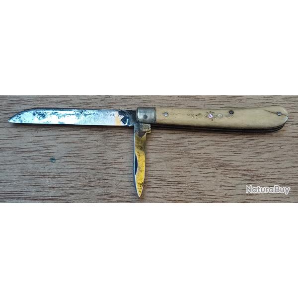 Ancien canif de gilet / de dame XIXe - manche Os & Nacre - ressorts fermes