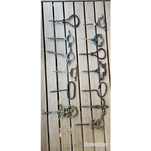 Lot de 12 tire-bouchons anciens et vintage en T - fer, laiton, aluminium