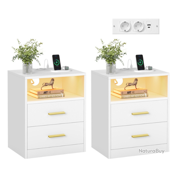 Lot de 2 tables de chevet avec tiroirs compartiment ouvert 30 x 40,1 x 50,2 cm style moderne chambr