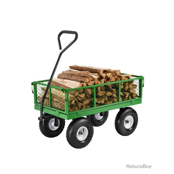 Chariot de Jardin 4 Roues Charge 308 kg Acier Ridelles Amovibles Pneus 25 cm Vert