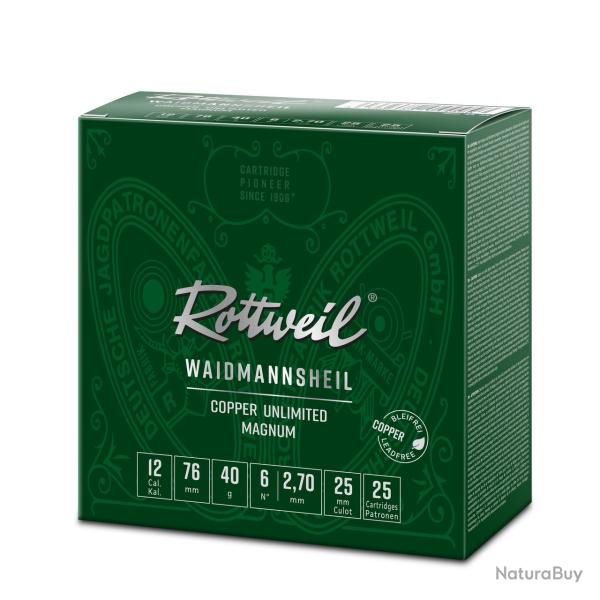 Cartouche cal 12/76 Rottweil waidmannshail COPPER UNLIMITED MAGNUM 40G plombs n�6 par 25