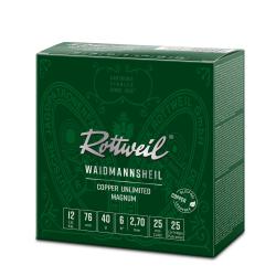 Cartouche cal 12/76 Rottweil waidmannshail COPPER UNLIMITED MAGNUM 40G plombs n&deg;4 par 25