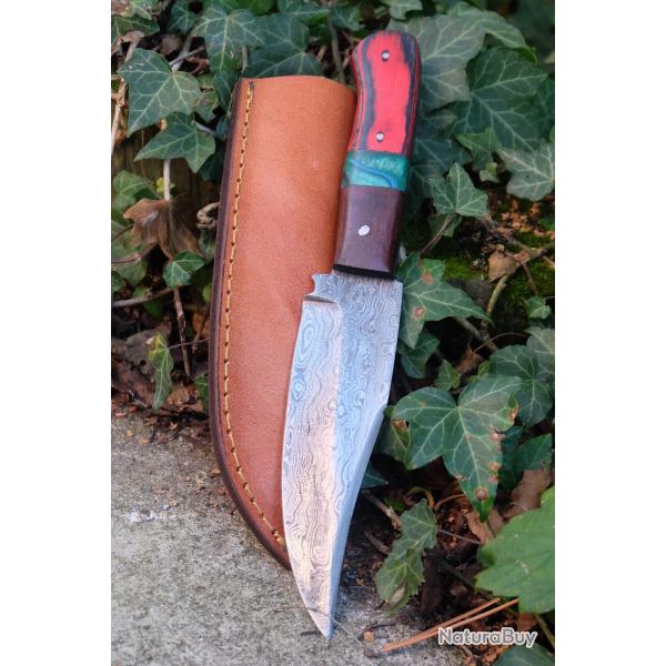 Skinner Bowie Couteau de Chasse Damas Lame 256 Couches Manche 2 Bois Fabric Artisanale Etui Cuir