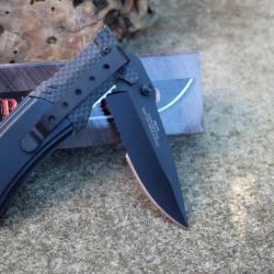 Couteau Bad Blood Linerlock Lame Acier Inox Noir Semi-Crant&eacute;e Manche Alum Noir Fibre Carbone Clip