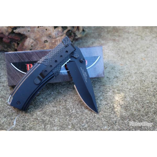 Couteau Bad Blood Linerlock Lame Acier Inox Noir Semi-Crant�e Manche Alum Noir Fibre Carbone Clip