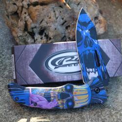 Couteau Pliant Cat Eye Lame Acier Inox Motif Chat Cr&acirc;ne Manche Synth&eacute;tique Bleu Linerlock Clip