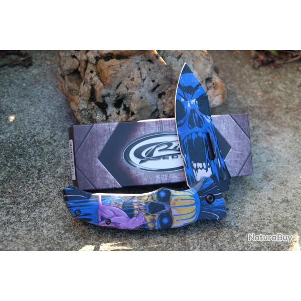 Couteau Pliant Cat Eye Lame Acier Inox Motif Chat Cr�ne Manche Synth�tique Bleu Linerlock Clip