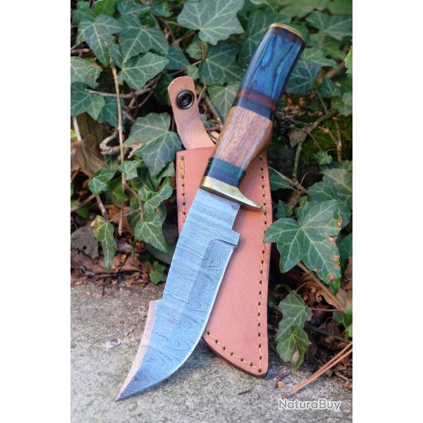 Couteau Poignard Lame Acier Damas 256 Couches Manche 2 Bois Garde Laiton Etui Cuir Artisan