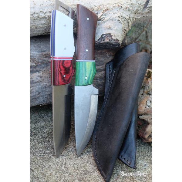 LOT DE 2 Couteau Tactical Urbain Lame Acier Carbone 1055 Manche Bois/R�sine Etui Cuir Fab Artisanale